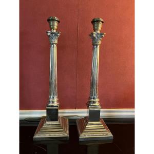 Pair Of Silvered Bronze Lamps, Neoclassical, 20th Century, Circa 1970