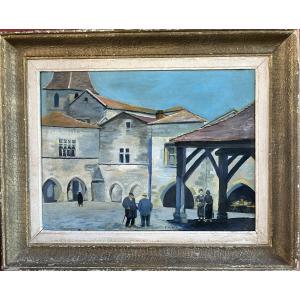 Pierre Valade, vue de Dordogne "Montpazier", huile sur toile 