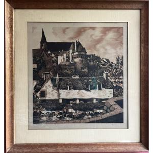 Le lavoir de la Varenne à Vannes, Bretagne, gravure sur bois, A.J Roullet, XXème siècle