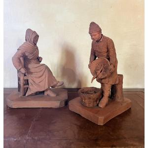 Pair Of Terracotta Figures, A Man And A Woman From Pollet, Dieppe, Albert Duchaussoy, 1883