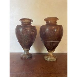 Pair Of Honey-colored, Baluster-shaped Alabaster Vases, 19th Century