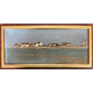 Vue du bassin d'Arcachon , vue de Bretagne ,peinture à l'huile, fin XIXème siècle