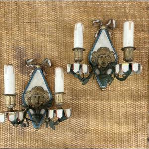 Pair Of Empire-style Wall Sconces In Bronze And Iron, 20th Century