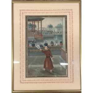 Peinture Chinoise, jeune homme à l'éventail dans son palais, Chine vers1780