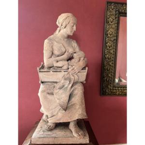Sculpture en terre cuite , Claude Marie Devenet,la mère , XIXème siècle 