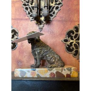 Cardholder Paperweight, Bronze Depicting A Dog, 19th Century 