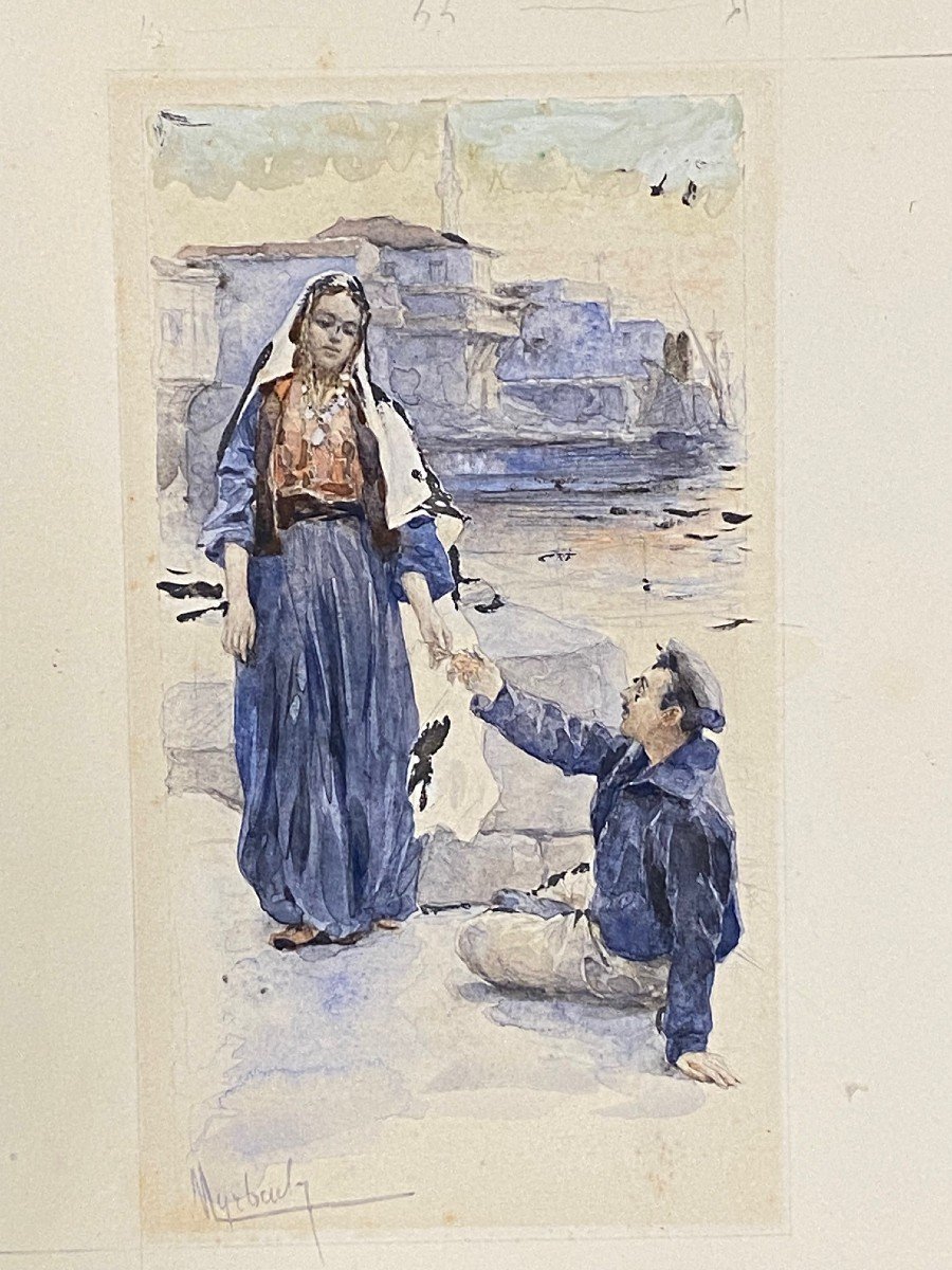 Watercolor Genre Scene Signed Myrbach-photo-2