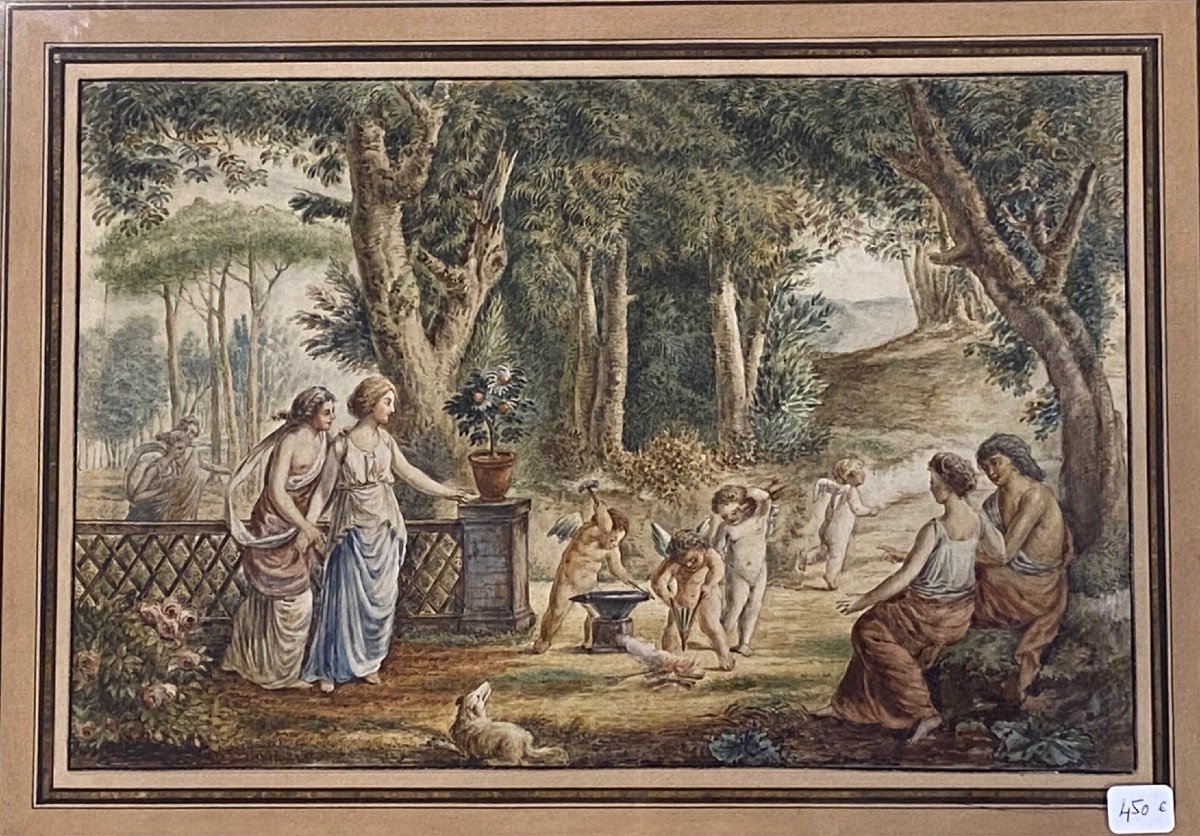 Aquarelle  XIX ème Scène Mythologique