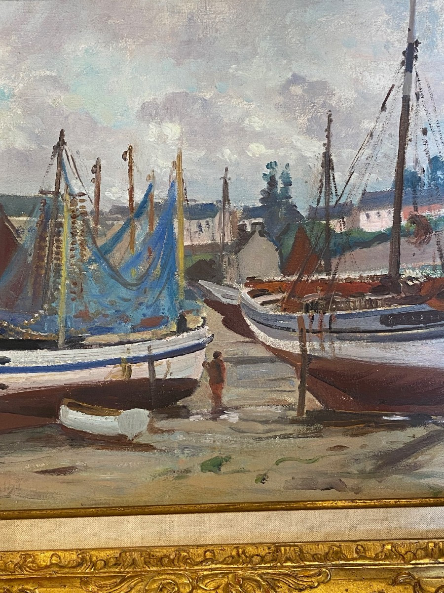 Tableau "voiliers Au Port d'Audierne"de Jules Alfred Hervé-mathé-photo-5