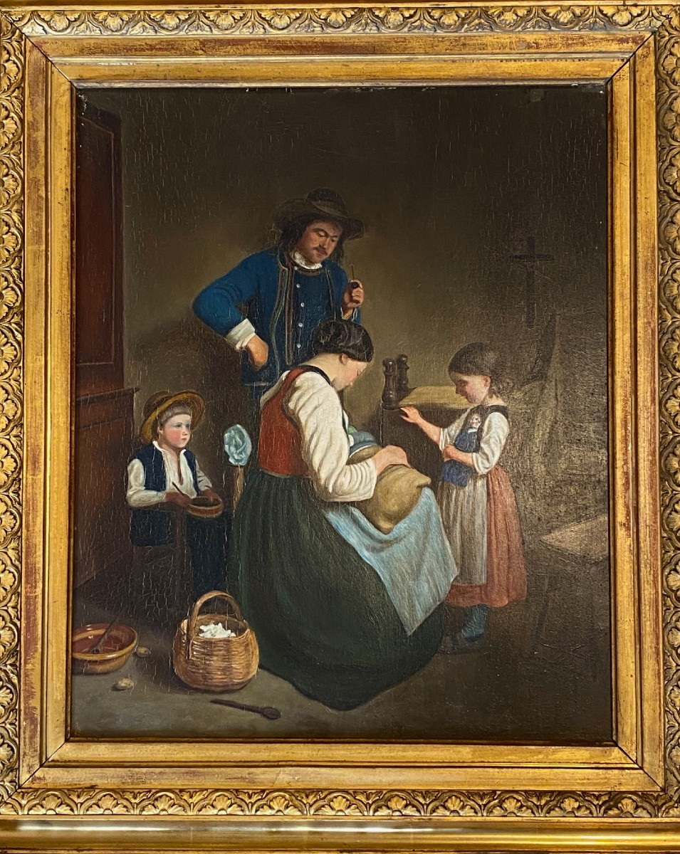 Painting "breton Family" 19th Century. Brittany