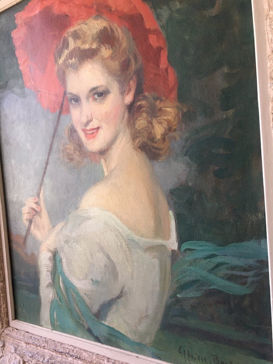 tableau femme a l,ombrelle rouge signé Boulet Cyprien-photo-4
