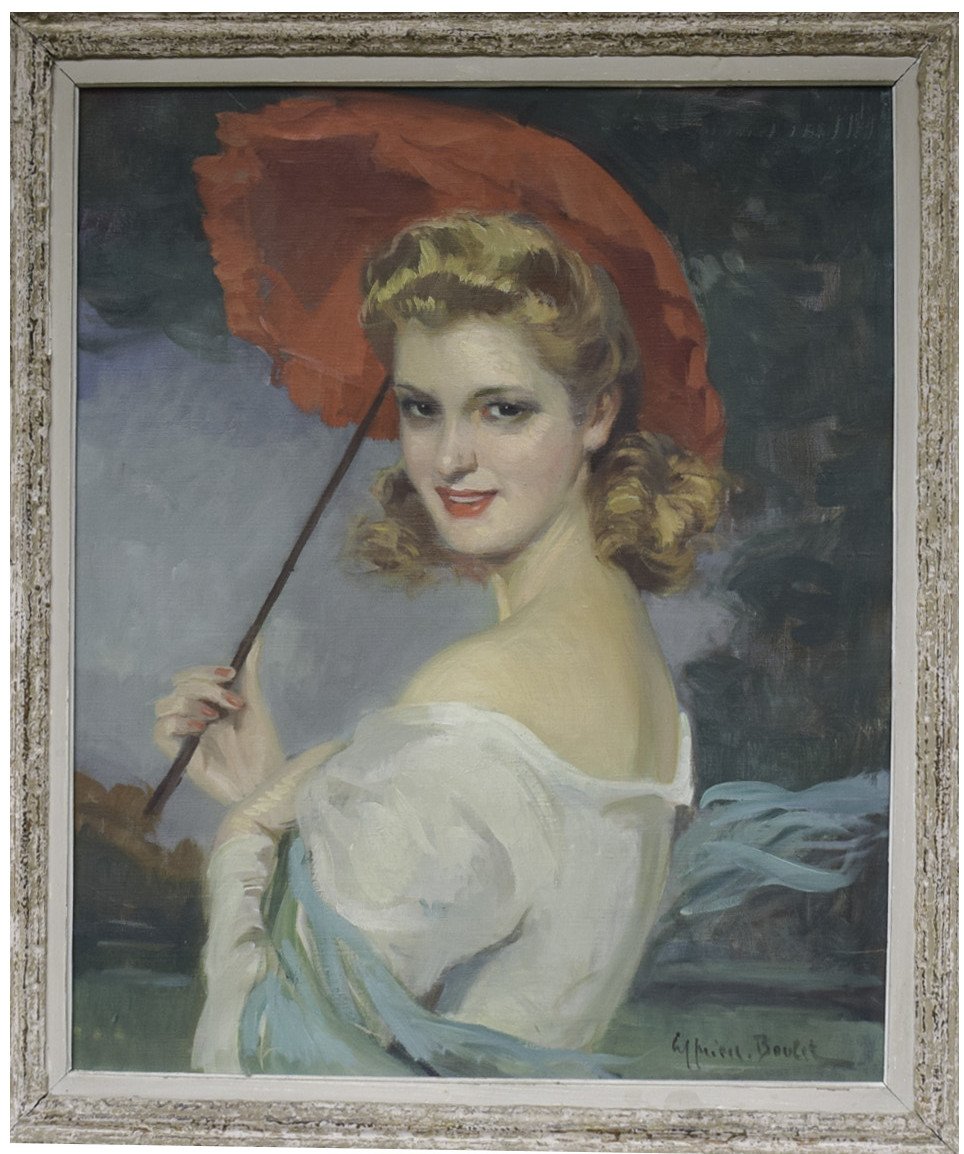 Al Woman Painting, Red Umbrella Signed Boulet Cyprien-photo-6