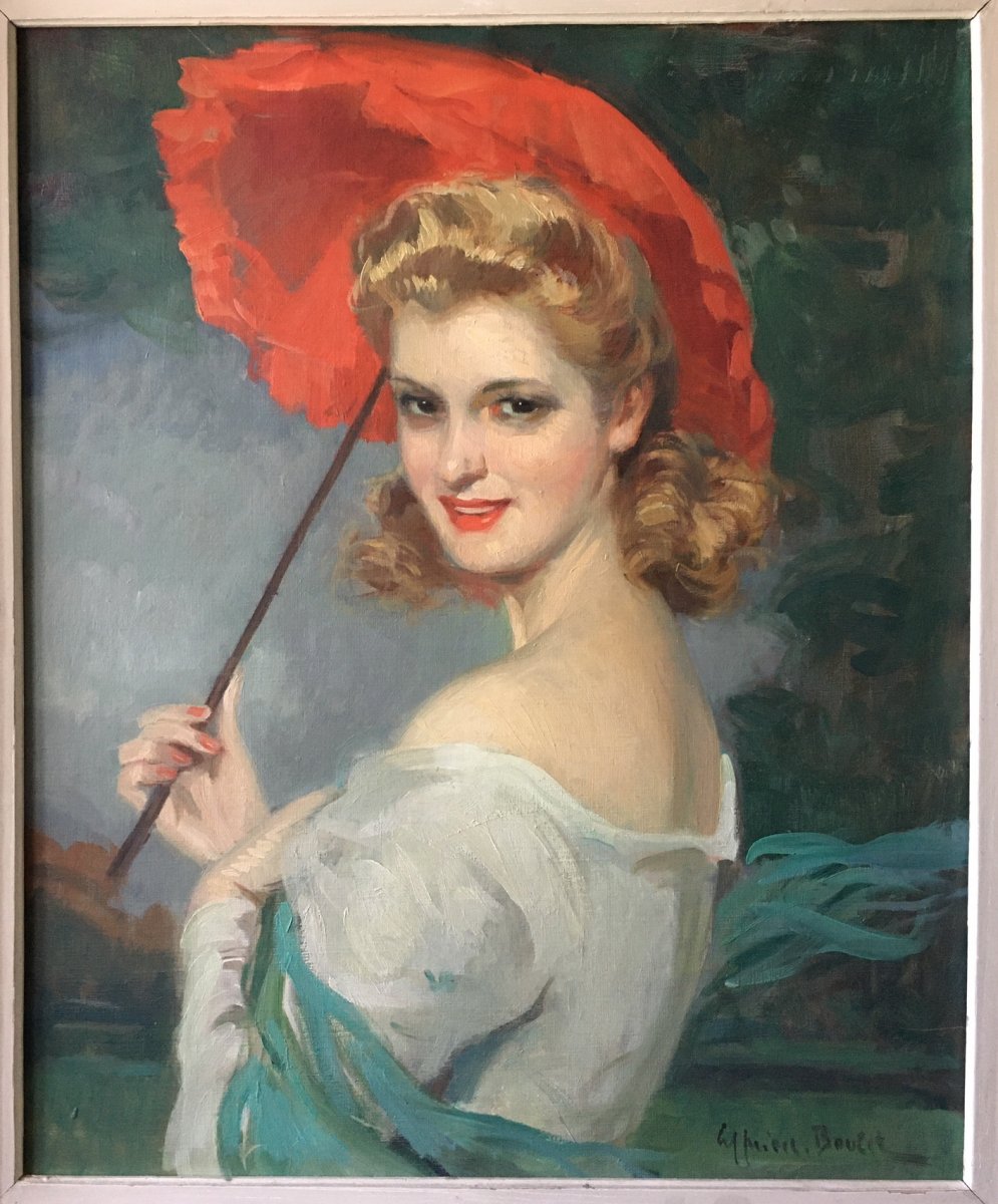 Al Woman Painting, Red Umbrella Signed Boulet Cyprien