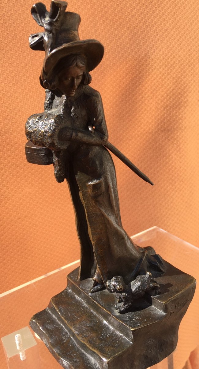 Sculpture Bronze Femme Promenant Son Chien Signée Alonzo-photo-3