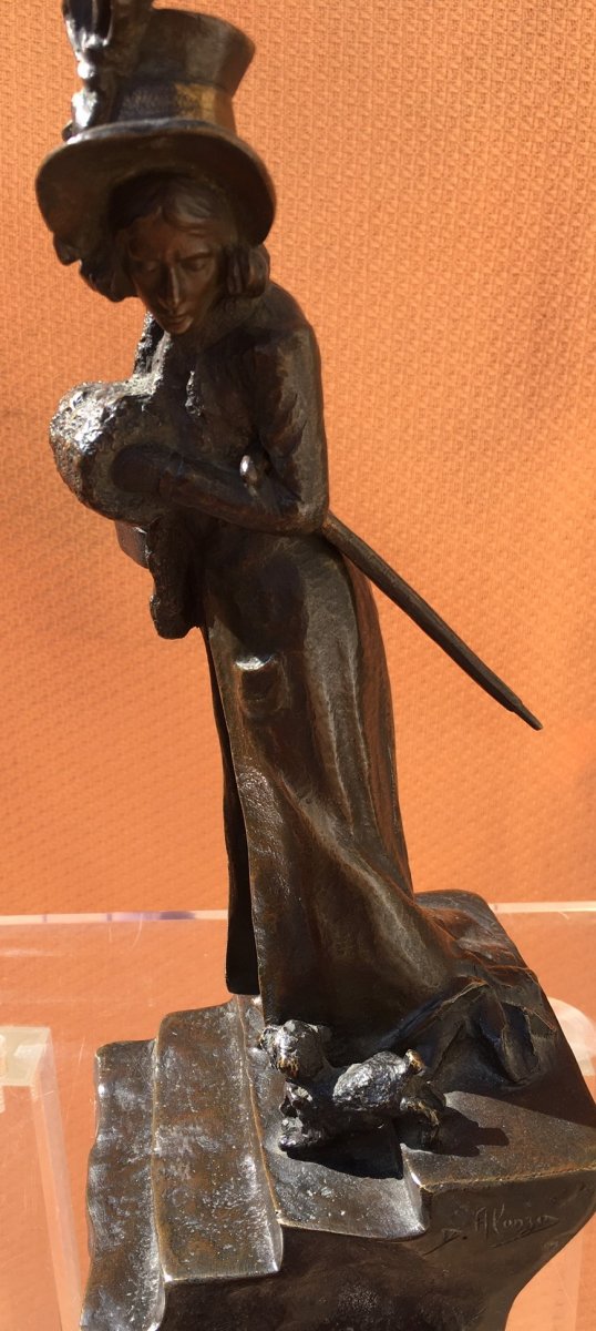 Sculpture Bronze Femme Promenant Son Chien Signée Alonzo-photo-7
