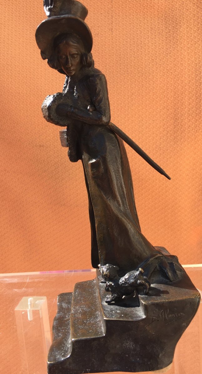 Sculpture Bronze Femme Promenant Son Chien Signée Alonzo