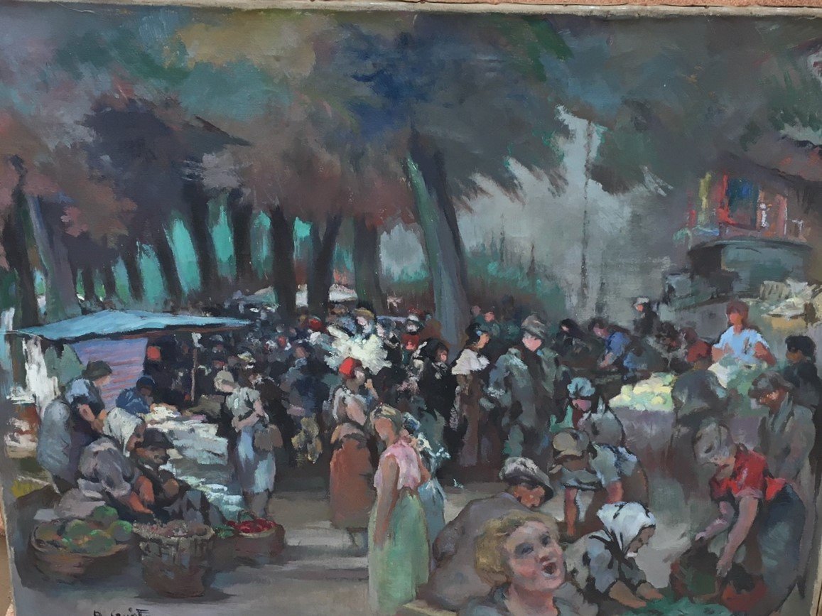 Grand tableau "scène de marché" signé Guéton