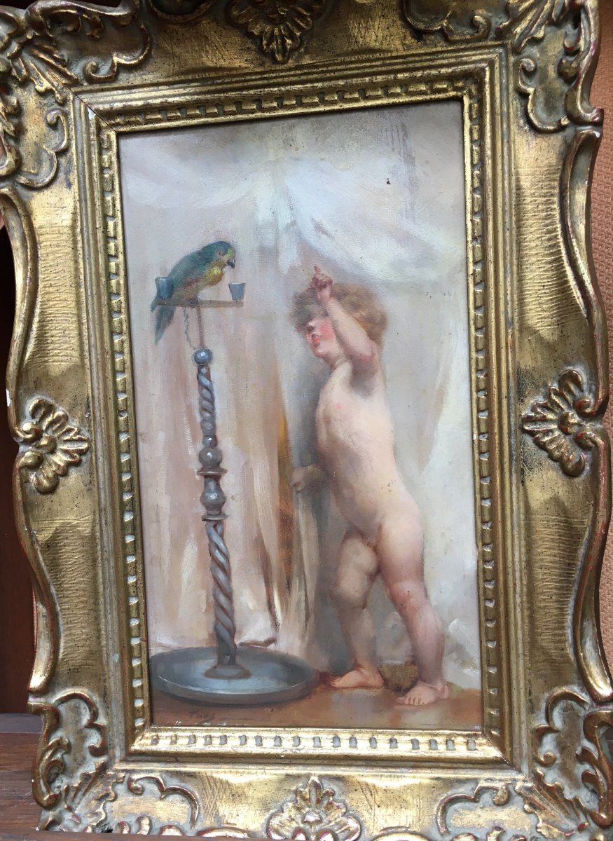 Painting Child And Parrot Signed Paillet-photo-2