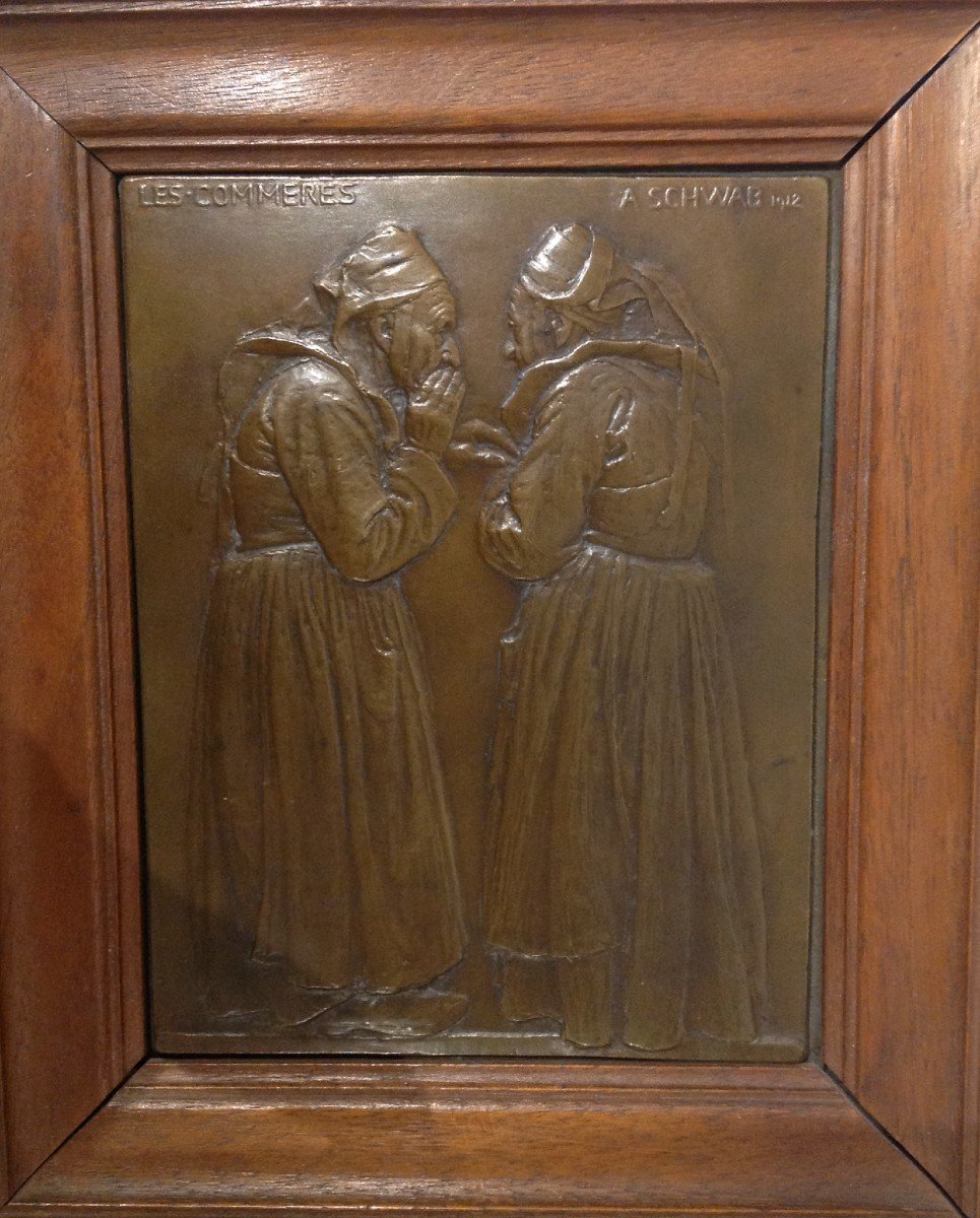 Plaque en bronze "les commères" signée A.Schwab-photo-2