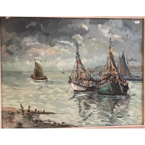 Tableau Gouache "bateaux" De Robert Lavoine