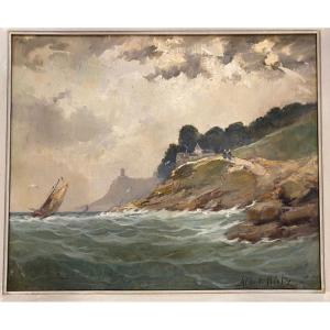 Maritime Landscape Painting Signed Albert Hirtz