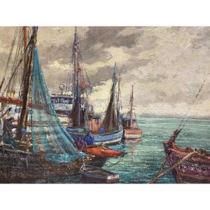 Painting Boats At The Port Of Douarnenez Signed Pierre Bogdanoff