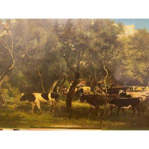Large Painting "cows In The Meadow" Signed Félix Cogen 19th