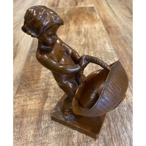 Small Bronze "child In Basket" By Barrias