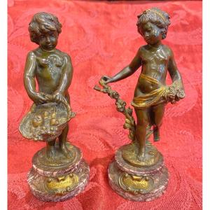 Lot Of Two Little Loves In Bronze By Auguste Moreau