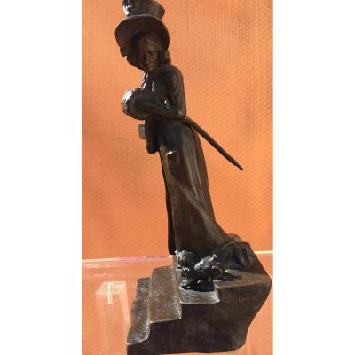 Bronze Sculpture Woman Walking Her Dog Signed Alonzo