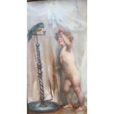 Painting Child And Parrot Signed Paillet