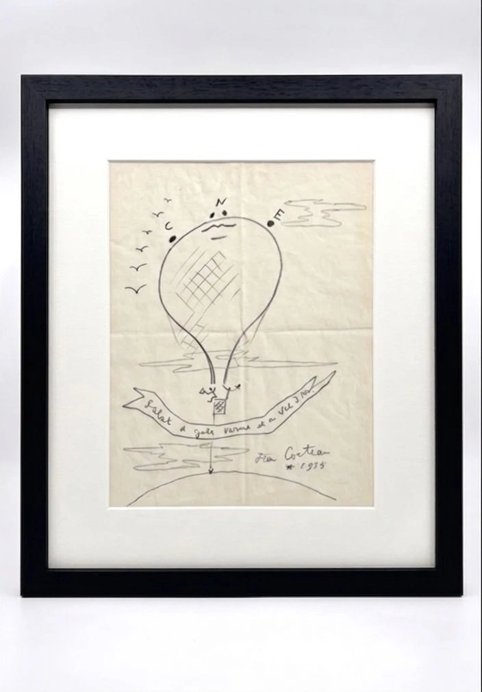 Jean Cocteau - Original Signed Drawing, A Tribute Project To Jules Verne - Hot Air Balloon 1955-photo-3