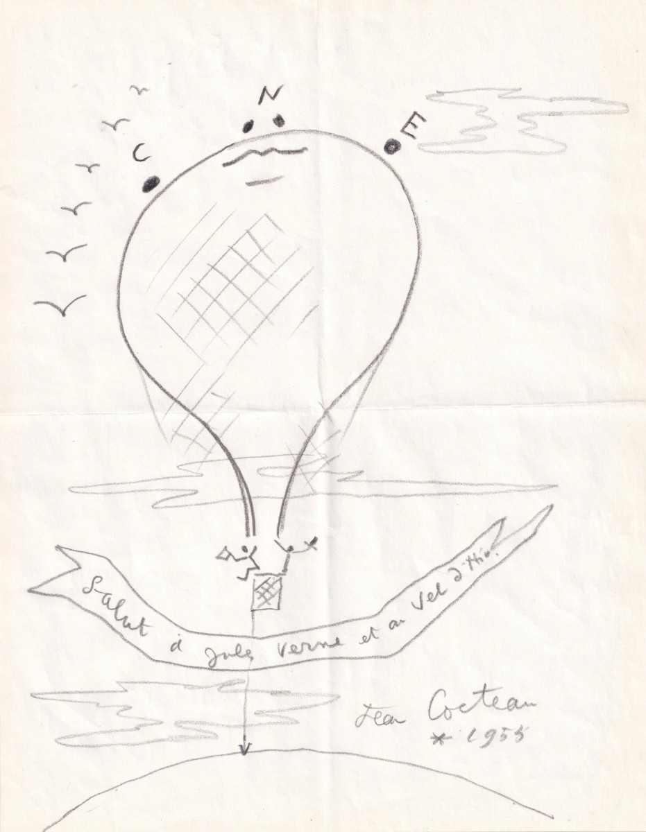 Jean Cocteau - Original Signed Drawing, A Tribute Project To Jules Verne - Hot Air Balloon 1955