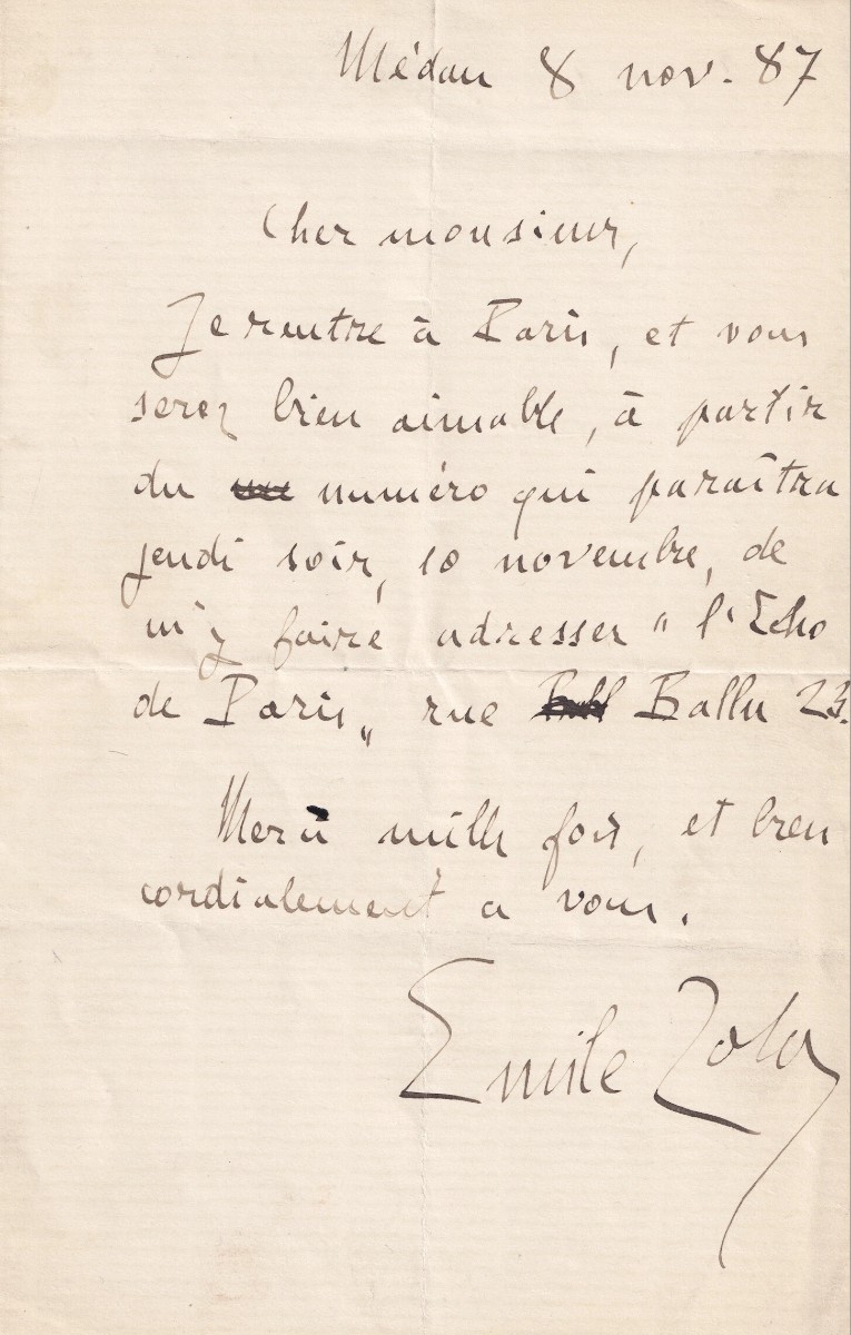 émile Zola - Autograph Letter Signed - 1887 - Large Signature