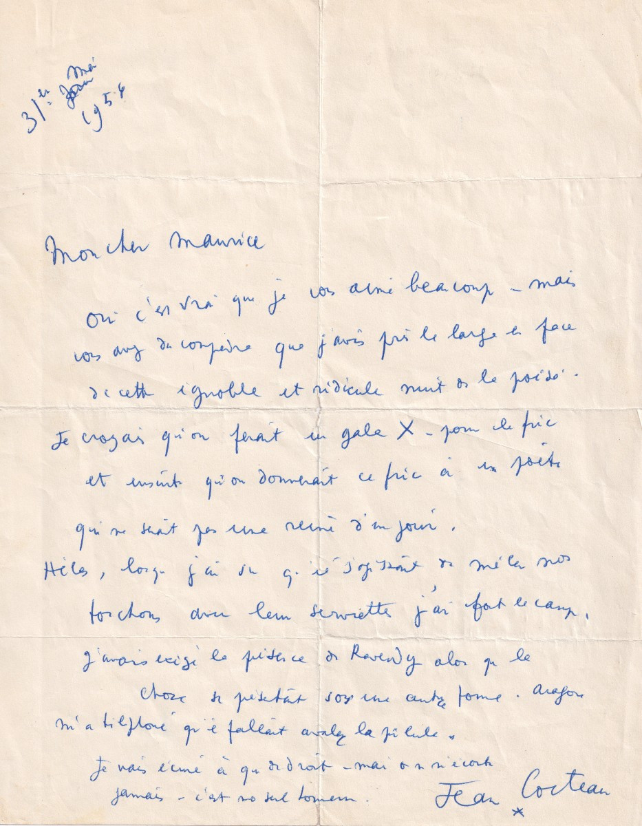 Jean COCTEAU fustige la Nuit de la Poésie - Lettre autographe signée - 1954