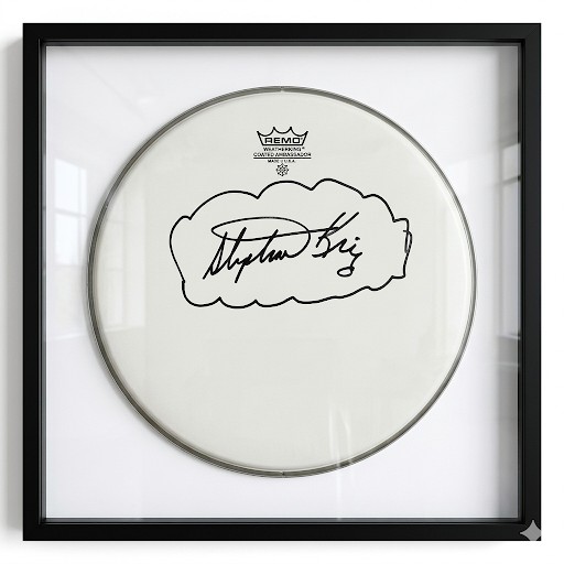 STEPHEN KING - Signature XXL très grand format sur une peau de batterie Remo-photo-6