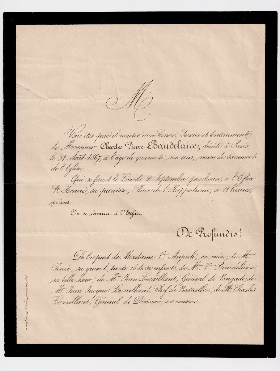 Charles Baudelaire - Announcement Of Death. 1867 - Félicité Baudelaire-photo-2
