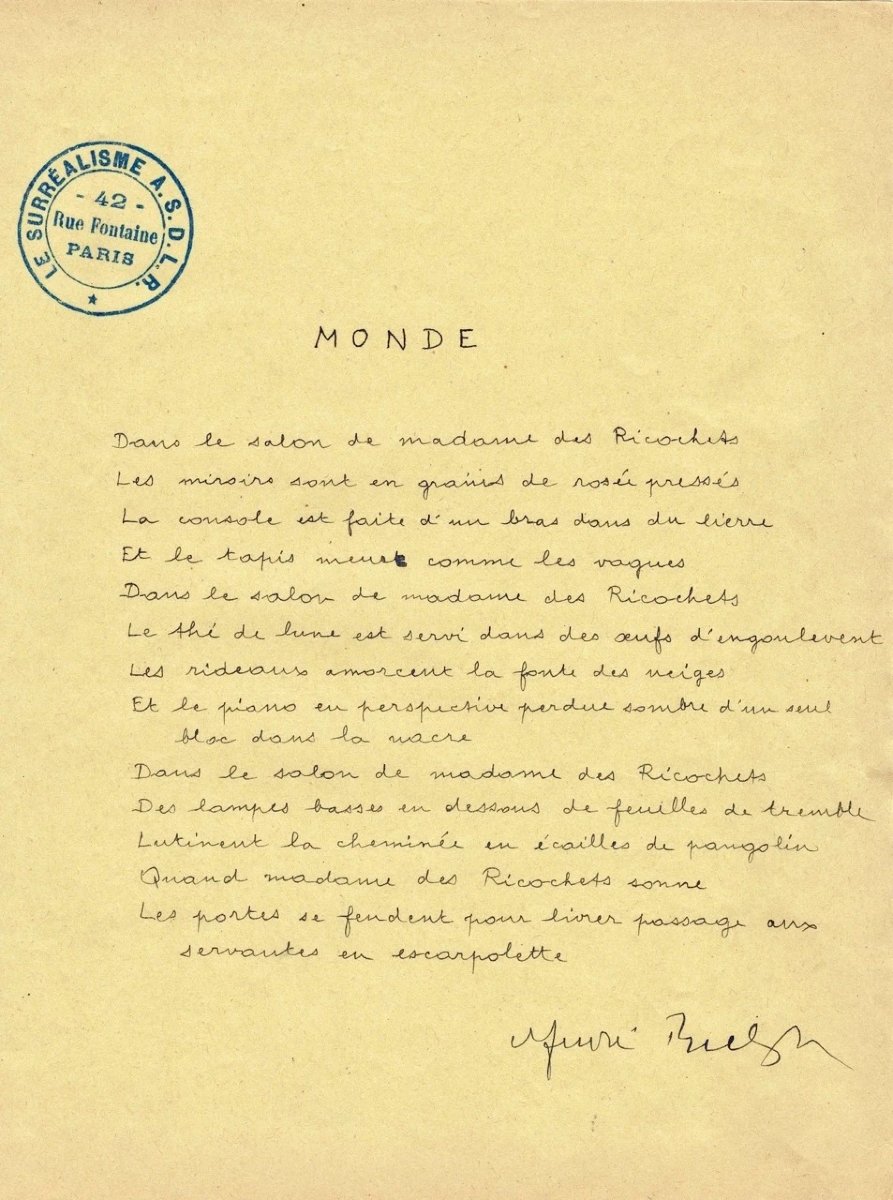 ANDRÉ BRETON - Poème manuscrit encadré. "Monde" Surréalisme - 1935 -photo-1