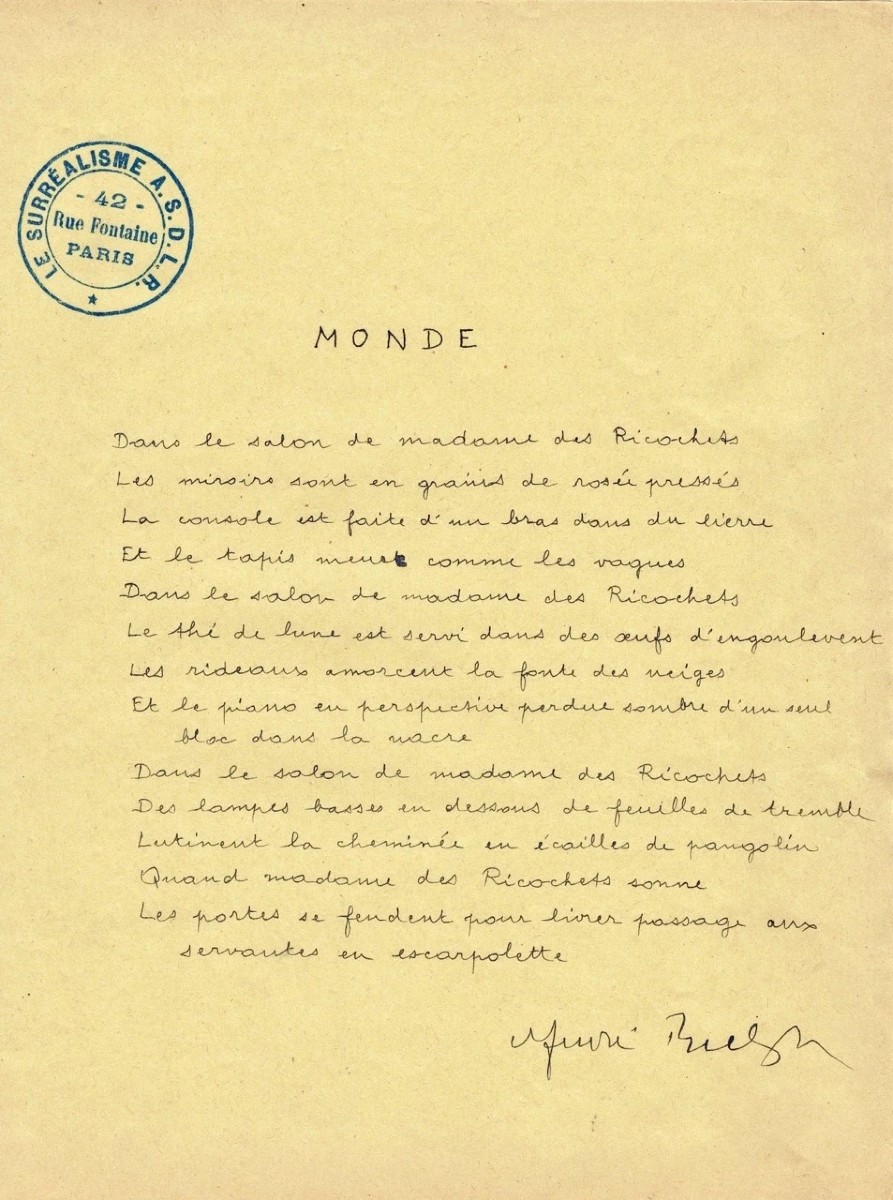 ANDRÉ BRETON - Poème manuscrit encadré. "Monde" Surréalisme - 1935 