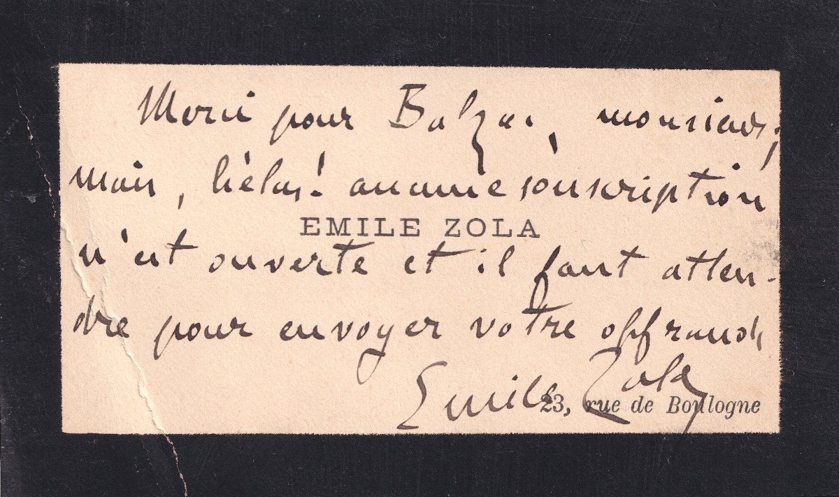 Émile ZOLA - Carte de visite autographe signée à Propos de la statue de Balzac-photo-2