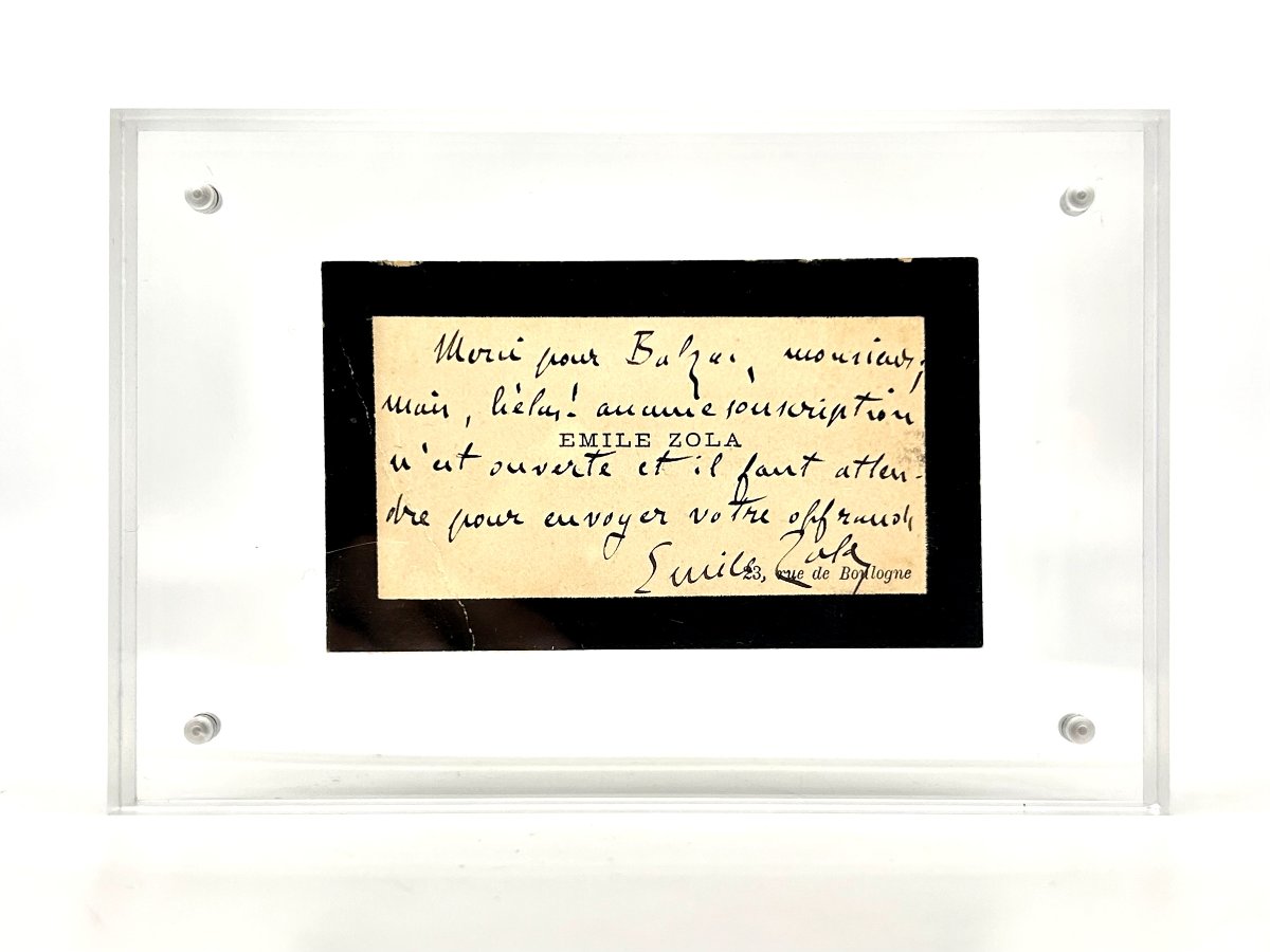 Émile ZOLA - Carte de visite autographe signée à Propos de la statue de Balzac