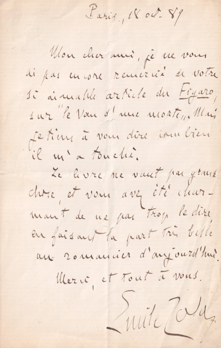Émile ZOLA - Touché par la clémence sur son deuxième roman - Lettre autographe signée 1889