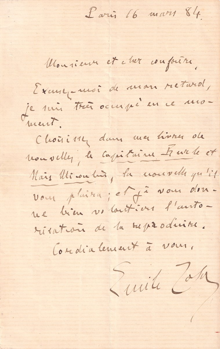 Émile ZOLA évoque ses recueils de nouvelles Le Capitaine Burle et Naïs Micoulin. Germinal. 1884
