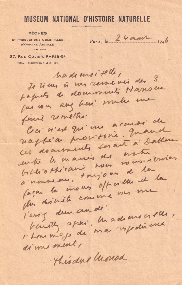 Théodore MONOD - Lettre autographe signée Muséum National d’Histoire Naturelle, Dakar IFAN