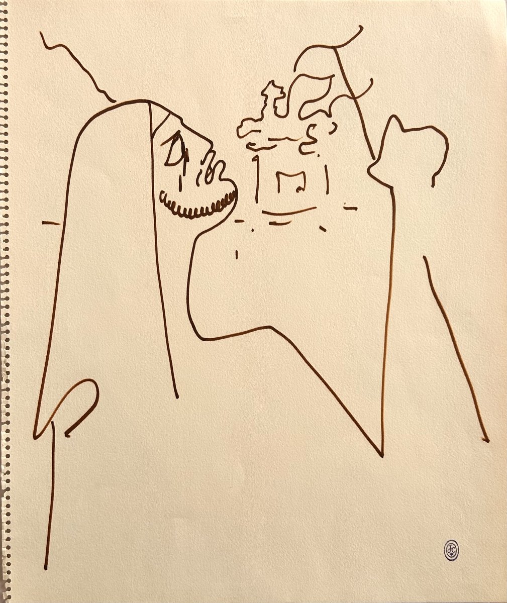 Jean COCTEAU - Dessin original au marker brun – « Œdipe aveugle »