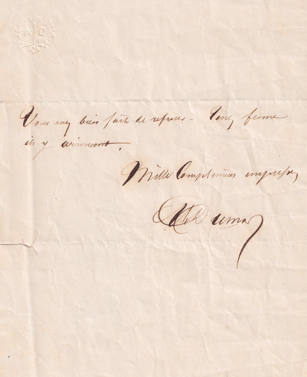 Alexandre Dumas - Autographed Note Signed With His Initials, A.d.-photo-1
