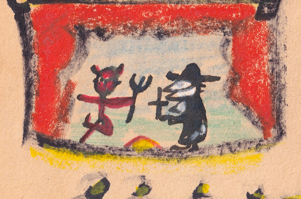 Jacques PRÉVERT - Dessin original aux crayons gras - 1957 - Affrontement du bien et du mal -photo-4