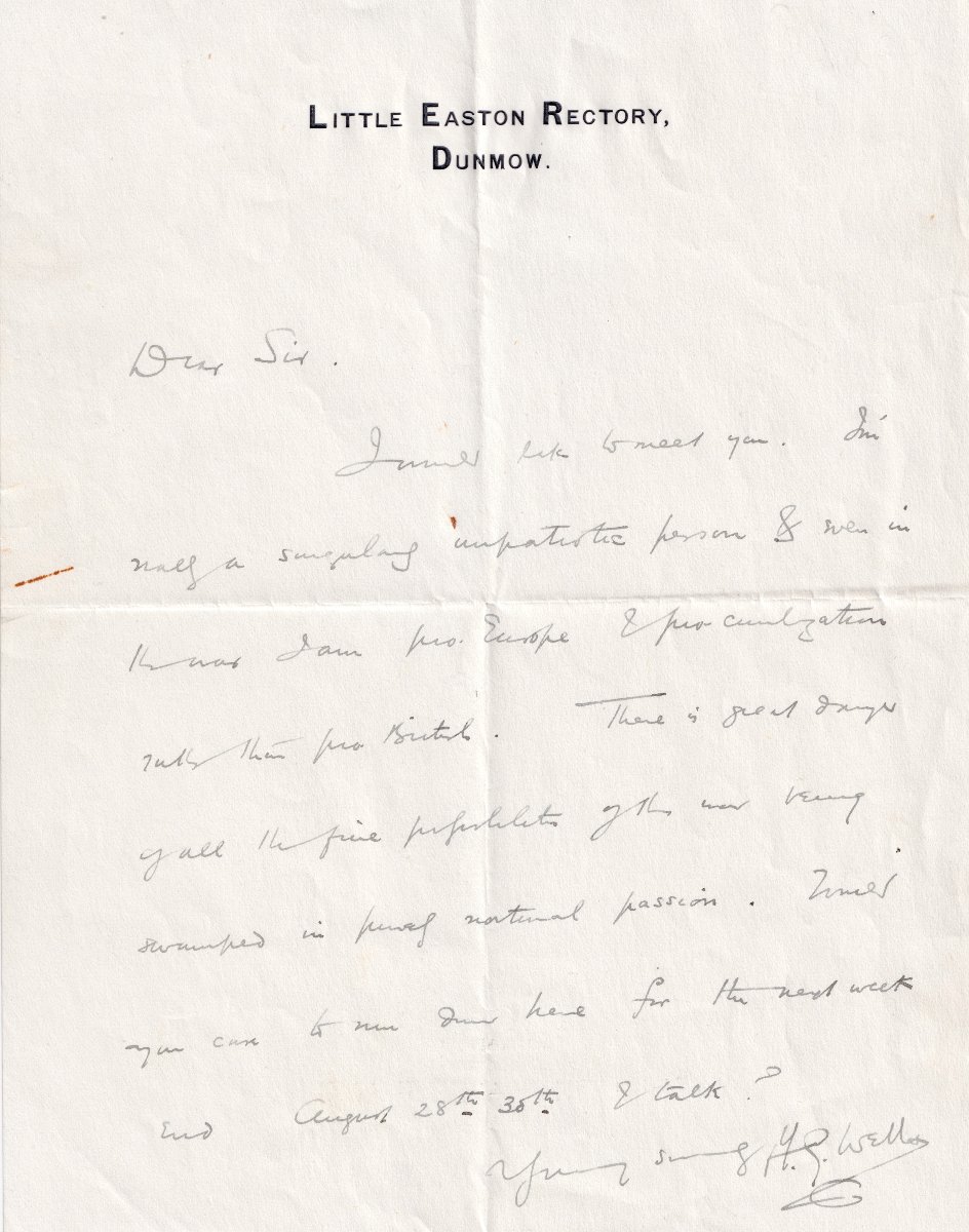 H. G. WELLS  Lettre autographe signée de 1914, son patriotisme, le nationalisme et la guerre -photo-2