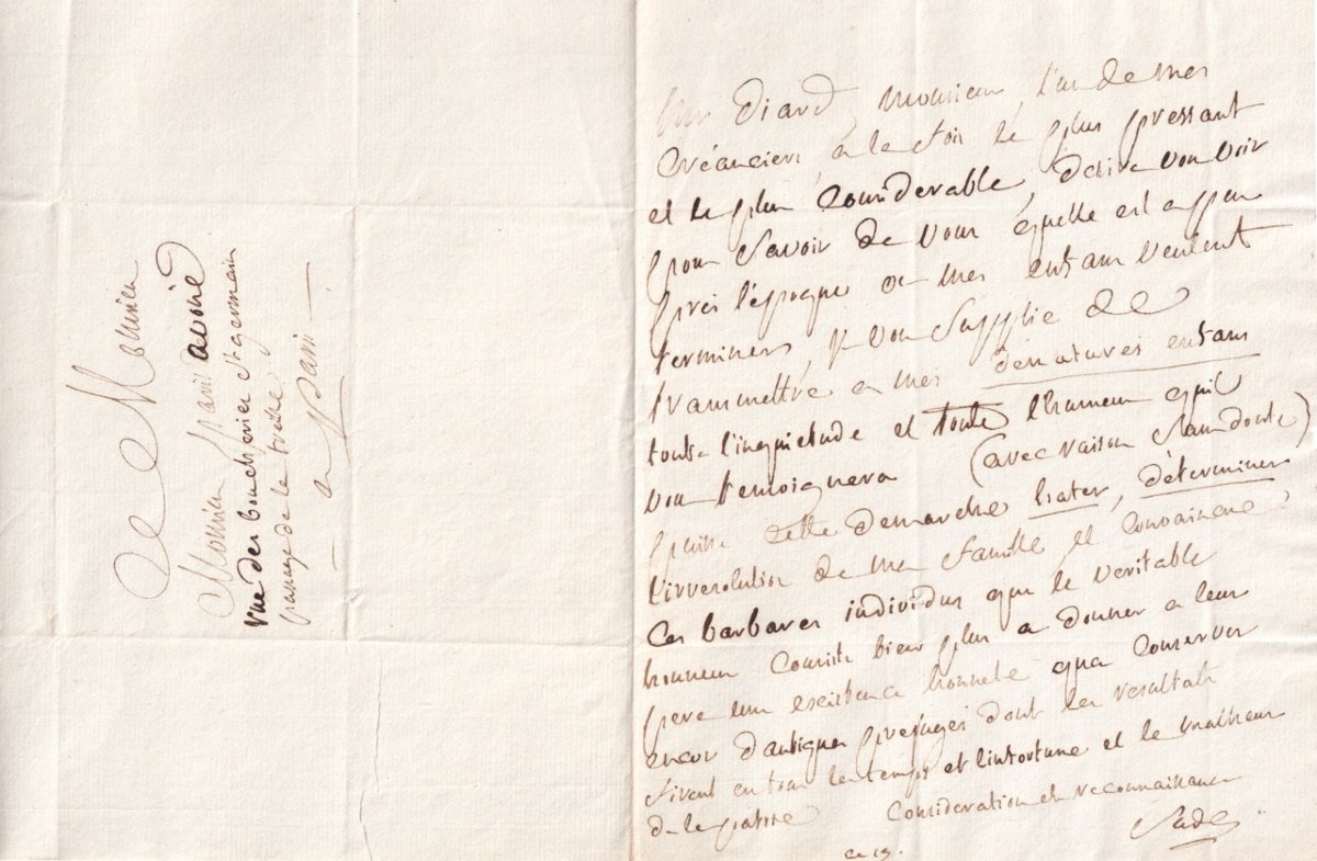 Marquis de SADE - Lettre autographe signée du divin Marquis maudissant ses enfants 1799