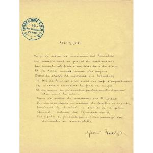ANDRÉ BRETON - Poème manuscrit encadré. "Monde" Surréalisme - 1935 